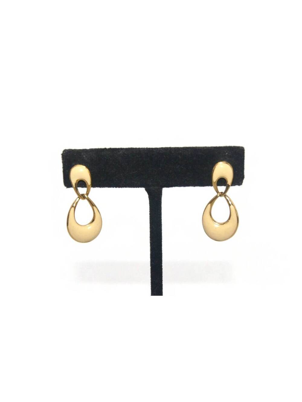 Vintage Gold Tone and Cream Enamel Door Knocker Dangle Earrings.